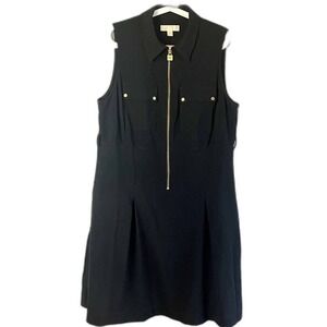 Michael Kors Black Sleeveless Zip Front Dress Gold Hardware Pockets 0X Plus